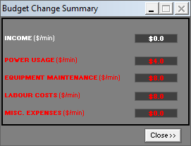 Budget change summary window